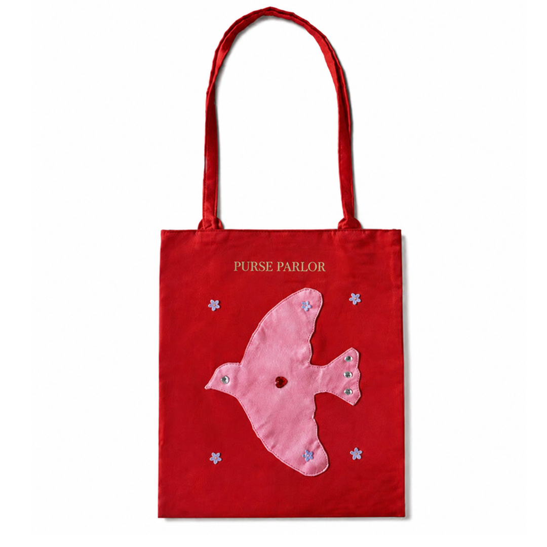 Bird Applique Satin Tote Bag