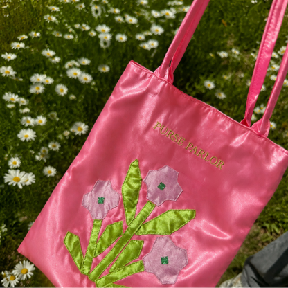 Pink Garden Flower Satin Tote Bag