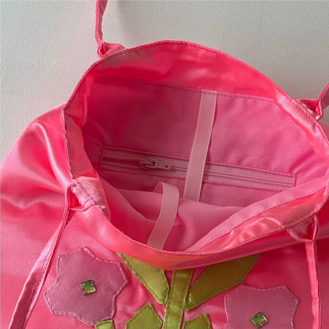Pink Garden Flower Satin Tote Bag