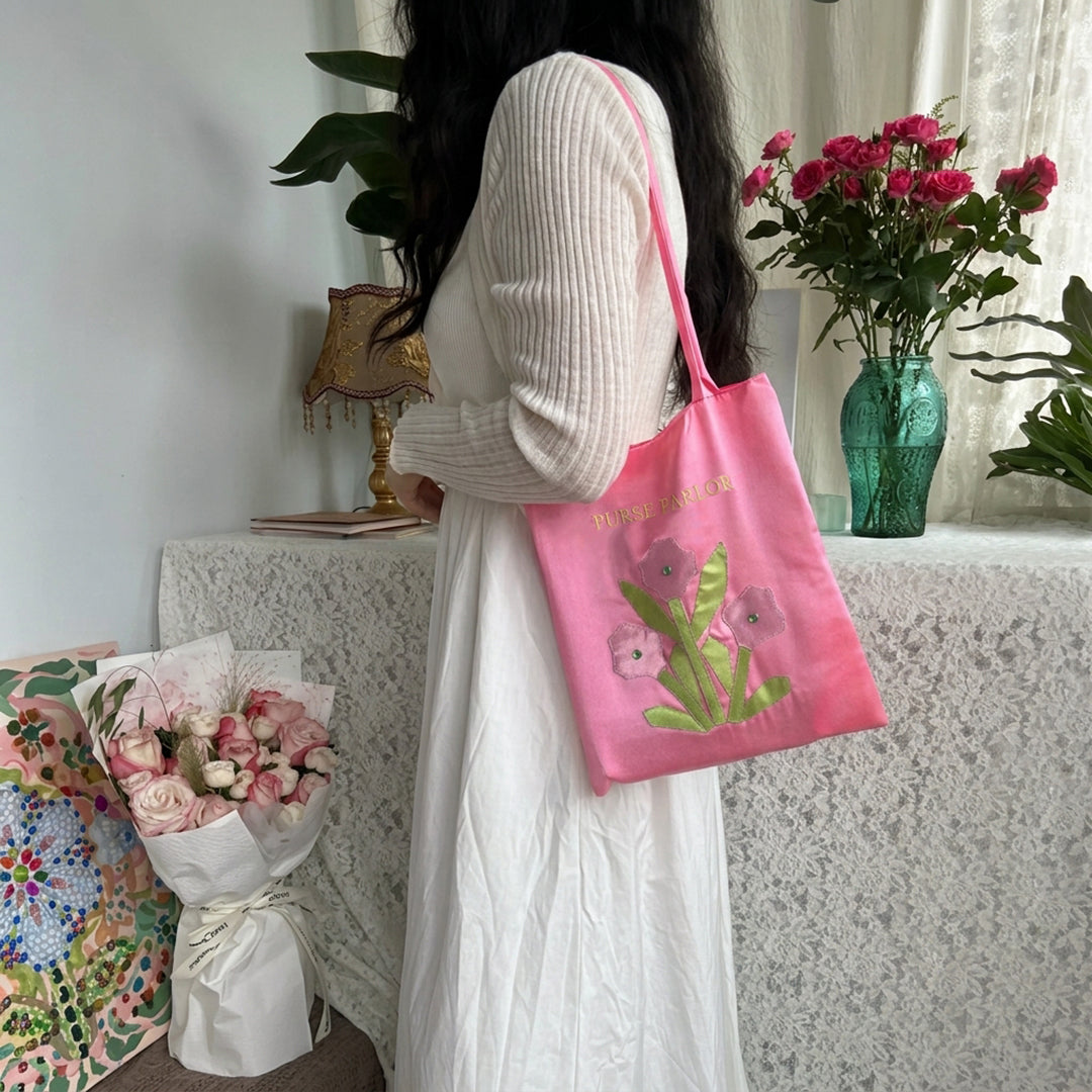 Pink Garden Flower Satin Tote Bag