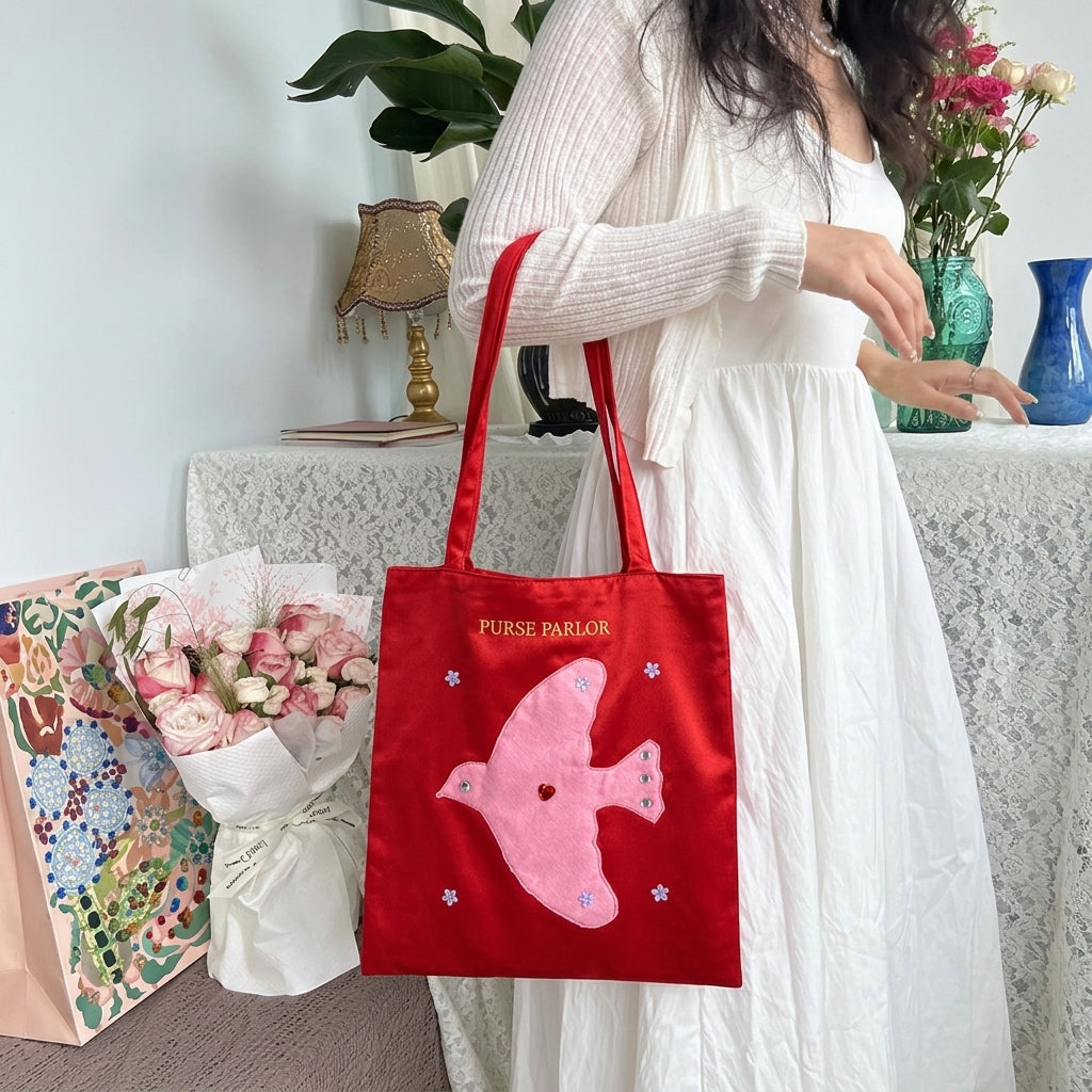 Bird Applique Satin Tote Bag