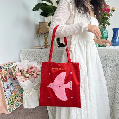 Bird Applique Satin Tote Bag