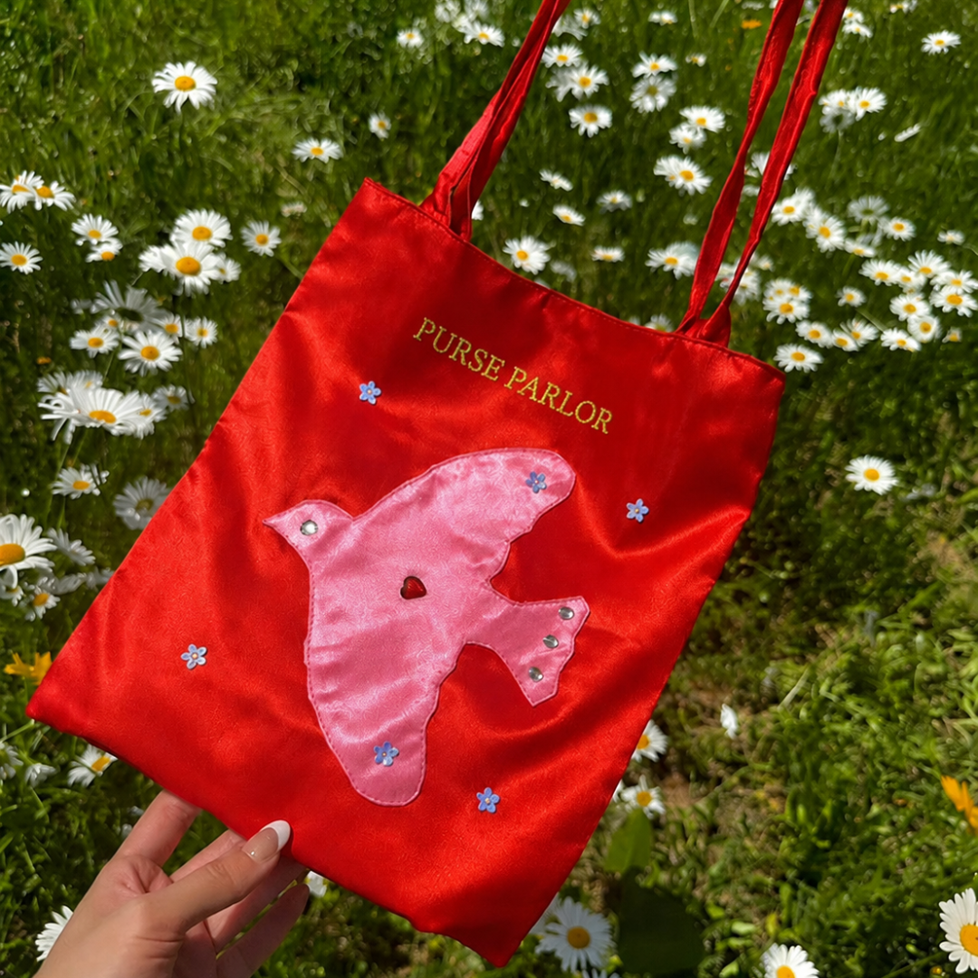 Bird Applique Satin Tote Bag