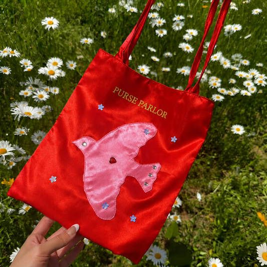 Bird Applique Satin Tote Bag