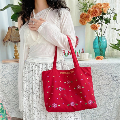 Ruby Flower Crystal Satin Tote Bag