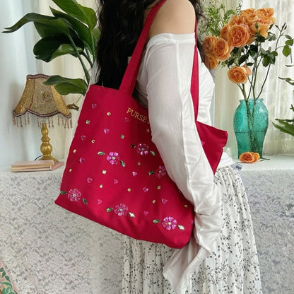 Ruby Flower Crystal Satin Tote Bag
