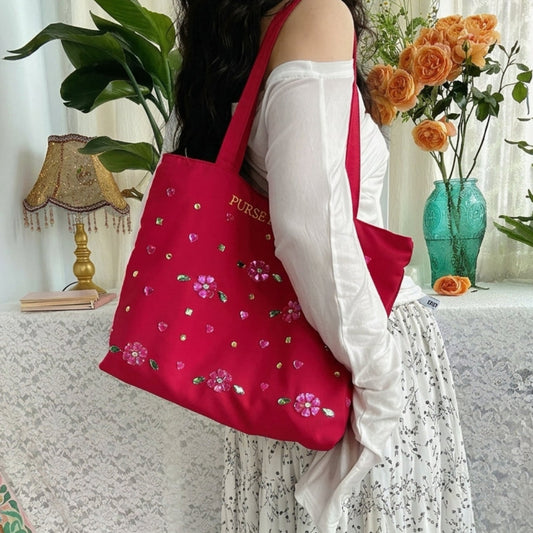 Ruby Flower Crystal Satin Tote Bag